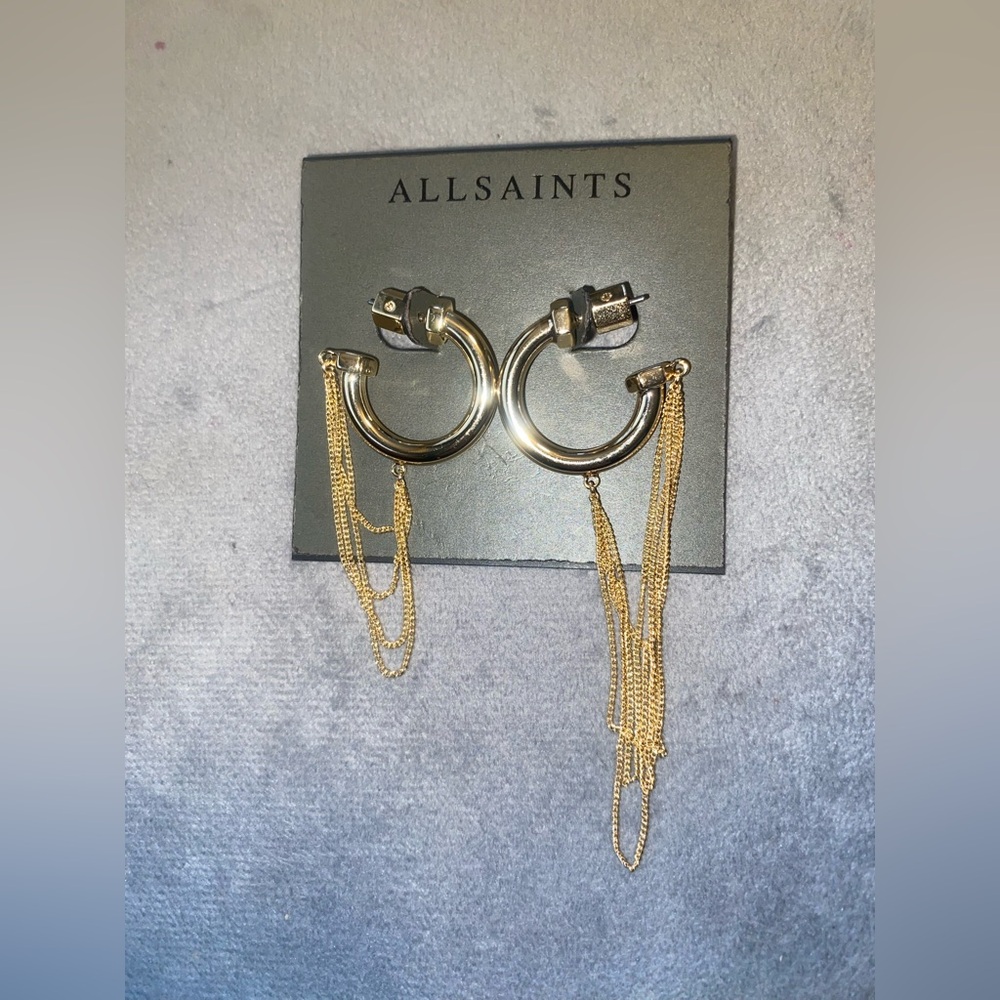 BNWT All Saints Gold Mismatched Draped Chain Huggie Hoop Earrings $79